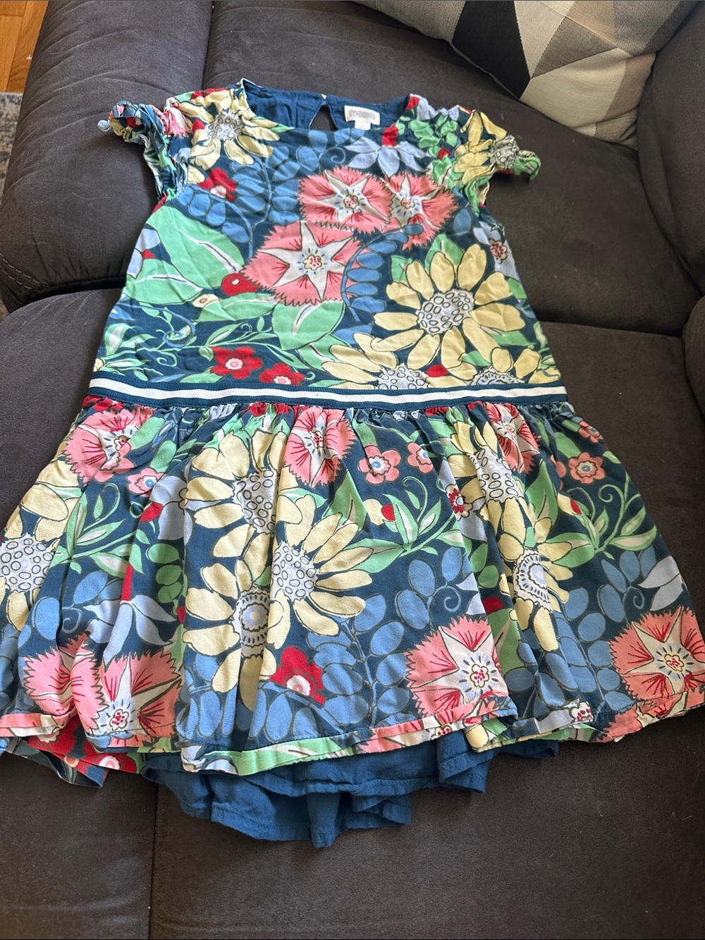 Gymboree Blue Floral Print Ruffle Dress with Pink, Yellow and Green Accents